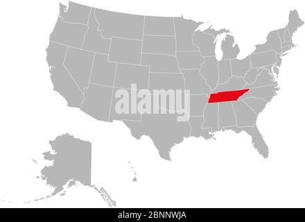 Tennessee ist auf der politischen Landkarte der USA rot markiert. Grauer Hintergrund. Vereinigte Staaten Provinz. Stock Vektor