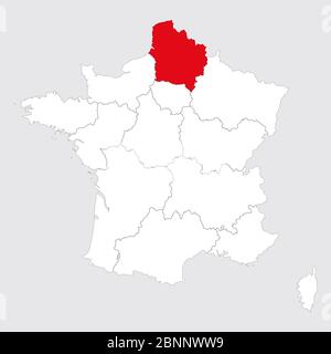 Region Lille rot auf frankreich-Kartenvektor hervorgehoben. Grauer Hintergrund. Stock Vektor