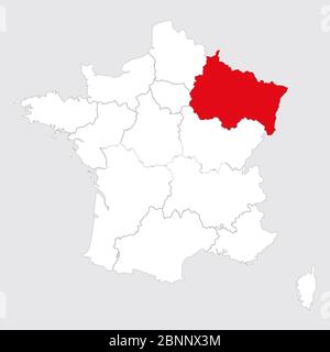 Grand Est Provinz rot auf frankreich Karte markiert. Grauer Hintergrund. Stock Vektor