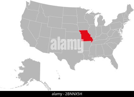 Missouri Staat hervorgehoben rote Farbe auf USA Karte. Grauer Hintergrund. Politische Landkarte der USA. Stock Vektor