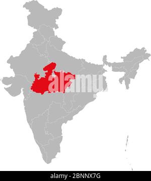 Madhya pradesh Zustand auf indischem Kartenvektor rot hervorgehoben. Hellgrauer Hintergrund. Perfekt für Geschäftskonzepte, Hintergrund, Hintergründe, Label, Aufkleber Stock Vektor