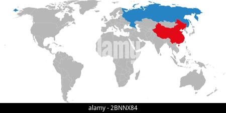 Russland china Karte auf Weltkarte hervorgehoben. Grauer Hintergrund. Perfekt für Geschäftskonzepte wie Handel, Wirtschaft, Hintergründe. Hintergrund, Banner, stic Stock Vektor