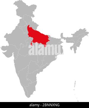 Uttar pradesh Zustand markiert rot auf indischen Kartenvektor. Hellgrauer Hintergrund. Perfekt für Geschäftskonzepte, Hintergrund, Hintergründe, Label, Aufkleber, Zeichen Stock Vektor