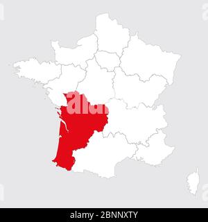 Nouvelle aquitaine Provinz rot auf frankreich Karte hervorgehoben. Grauer Hintergrund. Stock Vektor