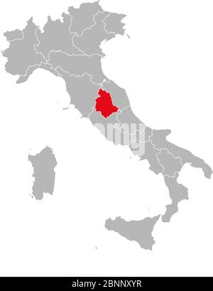 Umbrien Provinz rot markiert auf italien Karte. Grauer Hintergrund. Politische Landkarte Italiens. Stock Vektor