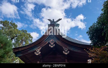 Zypressenrindendach des Schikichi-jinja Schreines Haupthalle (honden), die mit chigi (geforked Dach Finials) und katsuogi (kurze horizontale Stämme), morikun verziert ist Stockfoto