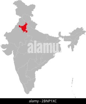 Haryana-Zustand auf indischem Kartenvektor rot markiert. Hellgrauer Hintergrund. Perfekt für Geschäftskonzepte, Hintergrund, Hintergründe, Label, Aufkleber, Diagramm etc. Stock Vektor