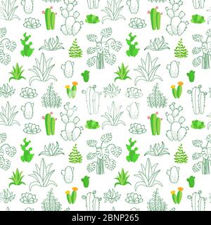 Haus Pflanze nahtloses Muster. Niedliche grüne Cartoon gezeichnete Textur mit Sukkulenten und Hauspflanzen, Kaktus, Monstera und Aloe. Tapeten- und Stoffdesign. Vektorgrafik Stock Vektor