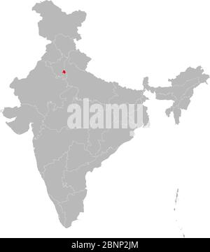 Delhi Staat rot auf indischen Kartenvektor hervorgehoben. Hellgrauer Hintergrund. Perfekt für Geschäftskonzepte, Hintergrund, Hintergründe, Label, Aufkleber, Diagramm e Stock Vektor