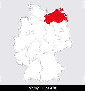 Mecklenburg vorpommern Provinz rot auf deutschland Karte hervorgehoben. Grauer Hintergrund. Politische Landkarte Deutschlands. Stock Vektor