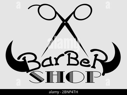 Schwarzes minimalistisches Barbier-Shop-Logo mit Schere und Schnurrbart aus Buchstaben Stock Vektor