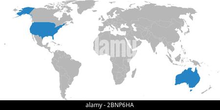 Politische Karte Australien, USA blau hervorgehoben. Geschäftskonzepte, Hintergründe, Poster und Hintergrundbilder. Stock Vektor