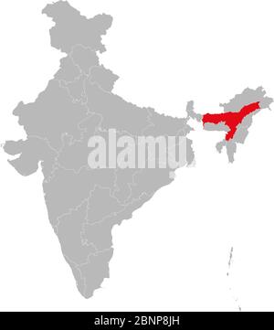 Assam State Karte auf indischer Karte hervorgehoben. Hellgrauer Hintergrund. Perfekt für Geschäftskonzepte, Hintergrund, Hintergründe, Label, Aufkleber, Diagramm etc. Stock Vektor