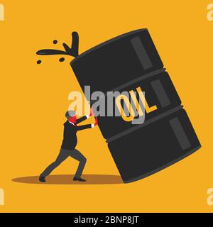 Der junge Geschäftsmann versucht, den Öltank vor dem Sturz zu bewahren Stockfoto