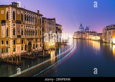 Canal Grande bei Nacht, Palazzo Cavalli-Franchetti, Santa Maria della Salute, Venedig, historisches Zentrum, Venetien, Italien, Norditalien, Rialto, Europa Stockfoto