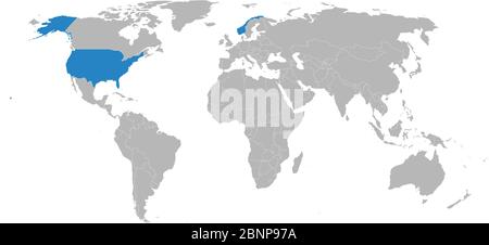 Karte Norwegen, USA blau auf Weltkarte Vektor hervorgehoben. Grauer Hintergrund. Perfekt für Hintergründe, Hintergrund, Geschäftskonzepte, Präsentationen, Diagramme und w Stock Vektor