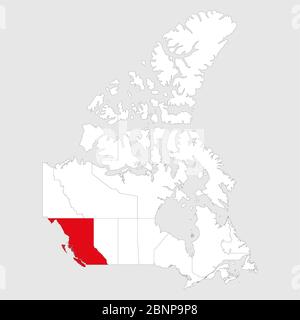 British columbia auf kanada-Karte hervorgehoben. Grauer Hintergrund. Politische Landkarte Kanadas. Stock Vektor