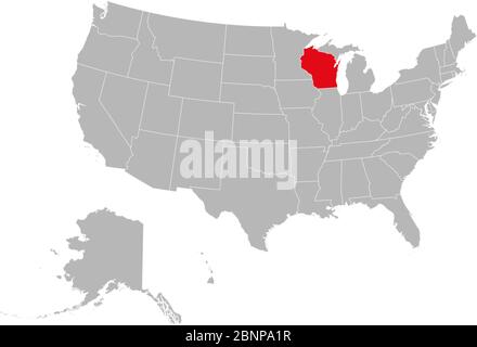 Wisconsin Staat hervorgehoben in USA politische Karte Vektor-Illustration. Grauer Hintergrund. Stock Vektor