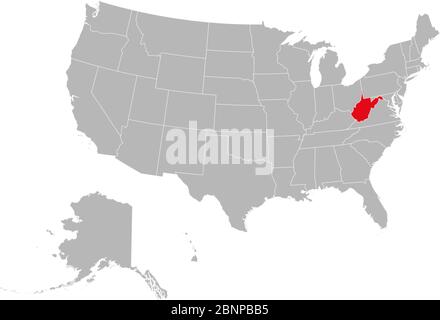 West virginia Staat hervorgehoben in USA politische Karte Vektor-Illustration. Grauer Hintergrund. Stock Vektor