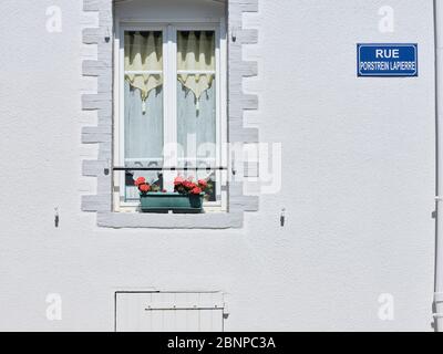 Detailansicht einer Fassade mit Blumenkasten mit Geranien am Fenster in Brest in der Bretagne. Stockfoto