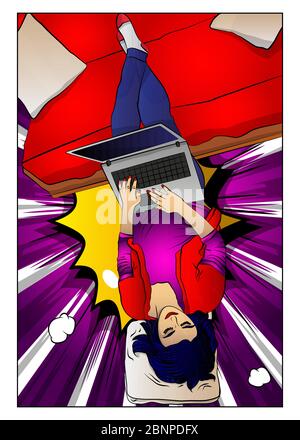 Pop Art Geschäftsfrau Arbeit von zu Hause - Comic-Stil, Cartoon-Frau mit einem Laptop. Freiberufliche Frau arbeiten in komfortabel Stock Vektor