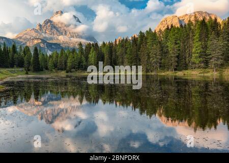 Der Antorno See bei Misurina mit der Tre Cime di Lavaredo (drei Zinnen) reflektiert, Auronzo di Cadore, Belluno, Venetien, Italien Stockfoto