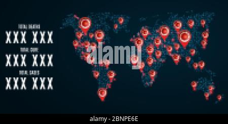 Weltstatistiken über Covid 19 Infektion auf einer futuristischen Weltkarte. Marker mit dem Virus. Wissenschaftlicher Hintergrund. Vektorgrafik. EPS 10 Stock Vektor