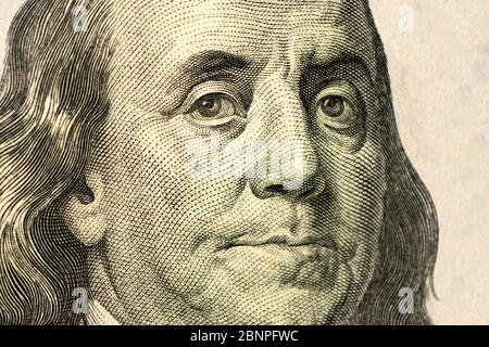 High-Definition-Benjamin Franklin-Porträt von 100 US-Dollar-banknote Stockfoto