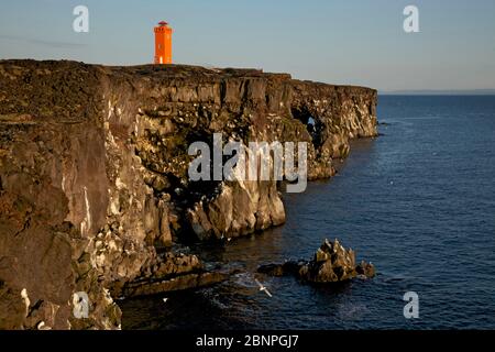 Der Leuchtturm Skalasnagi auf den Basaltfelsen der isländischen Halbinsel Snaefellsnes Stockfoto