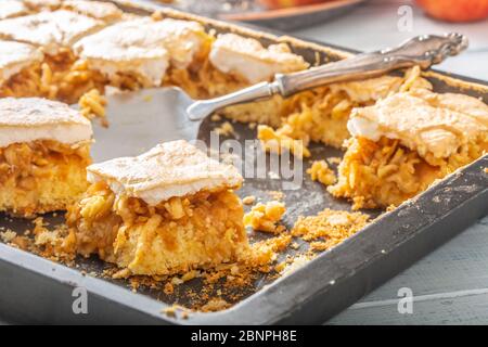 Backblech mit einem Apfelkuchen in Stücke geschnitten und eine Vintage-Schaufel darin. Stockfoto