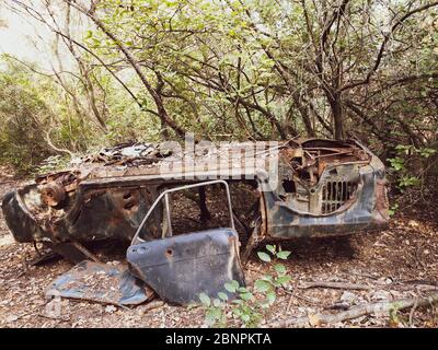 Altes Auto aus den sechziger Jahren des letzten Jahrhunderts verlassen und in einem Wald von Spanien zerstört Stockfoto