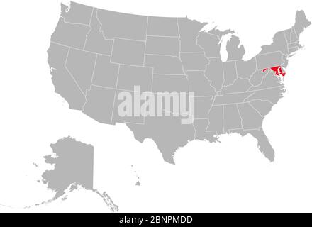 Maryland auf der politischen Landkarte der USA hervorgehoben. Grauer Hintergrund. Stock Vektor