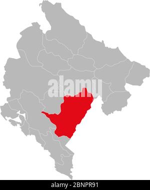 Podgorica Provinz auf montenegro Karte hervorgehoben. Grauer Hintergrund. Stock Vektor