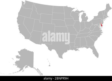Delaware hob auf der politischen Karte der USA hervor. Grauer Hintergrund. Stock Vektor