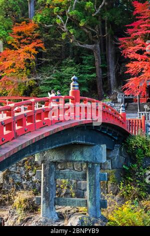 Japan, Honshu, Präfektur Tokigi, Nikko, Shinkyo-Brücke und Fluss Daiya Stockfoto