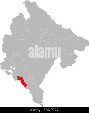 Budva Provinz auf montenegro Karte hervorgehoben. Grauer Hintergrund. Stock Vektor