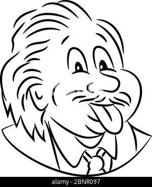 Schwarz-Weiß Cartoon-Stil Illustration des Kopfes von nerdy Genie Wissenschaftler Albert Einstein seine Zunge aus der Front auf isoliert whi gesehen Stock Vektor