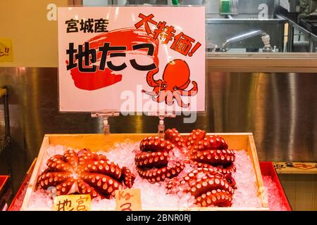 Japan, Honshu, Tokio, Tsukiji, Tsukiji Outer Market, Seafood Shop Display of Octopus Stockfoto