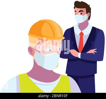 Männlicher Bediener und Führungskraft mit Maskenvektor-Illustration Stock Vektor