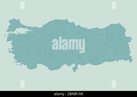 Türkei politische Karte mit Provinzen Vektor. Grünlich blauer Hintergrund. Perfekte Hintergründe, Hintergrund, Etikett, Aufkleber, Diagramm und Tapeten. Stock Vektor