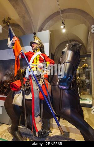 England, London, Westminster, Whitehall, Das Household Cavalry Museum, Ausstellung des Soldaten auf Horseback Während Der Schlacht bei Waterloo Stockfoto