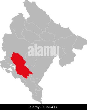 Cetinje Provinz auf montenegro Karte hervorgehoben. Grauer Hintergrund. Stock Vektor