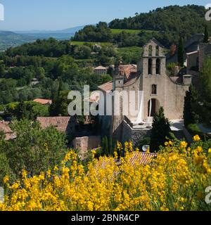 Dächer, Kirche, Weinberge und Blumen im provenzalischen Weinbaudorf Gigondas im Vaucluse, Südfrankreich Stockfoto