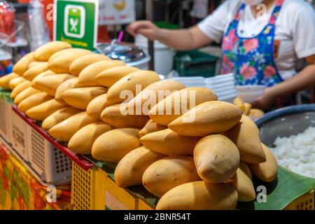 Eine Thailänderin bereitet Mango Sticky Rice auf einem Markt in Nordthailand zu Stockfoto