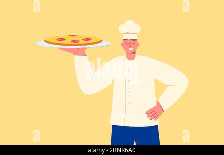 Koch mit Gericht. Lächelnder Koch mit zubereiteter Pepperoni Pizza, weiße Uniform. Stock Vektor