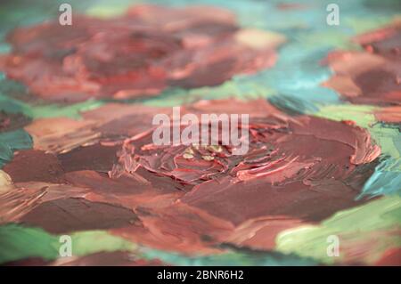 Gealterte Textur von Ölgemälde Striche von Palette Messer gemacht. Warm braun rot abstrakten Hintergrund mit strukturierten rissig Farbfläche und verschwommenen Vignette Stockfoto