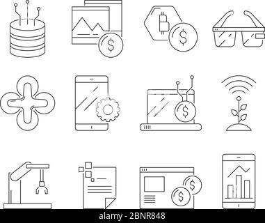 Symbole für Unternehmen und Technologie. Software Programm Sync Internet Netzwerk Aufbau dünne Linie Symbole isoliert Stock Vektor