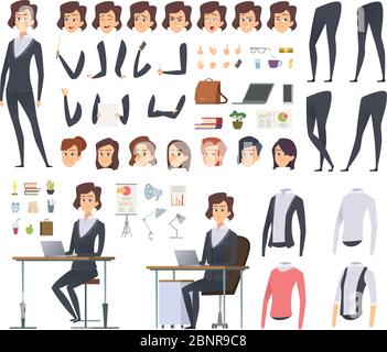 Animation für Frauen. Director Office Manager Frau Körperteile Kleidung und Business Kleiderschrank Artikel Vektor Charakter Schaffung Kit Stock Vektor