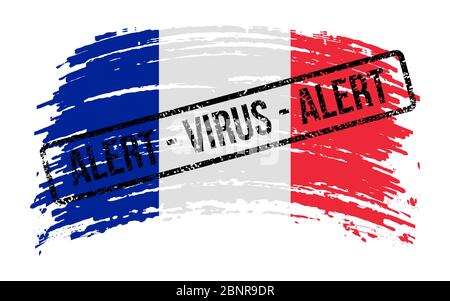 Französische zerrissene Flagge mit einem Stempel mit den Worten Alarm Virus, Vektorbild Stock Vektor