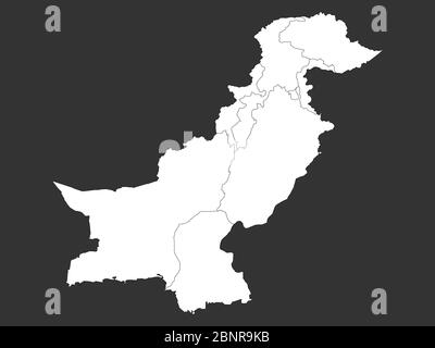 Politische Karte Pakistans hervorgehoben weiß auf schwarzem Hintergrund. Perfekt für Geschäftskonzepte, Hintergrund, Hintergrund, Aufkleber, Etikett, Diagramm, Poster, Bann Stock Vektor